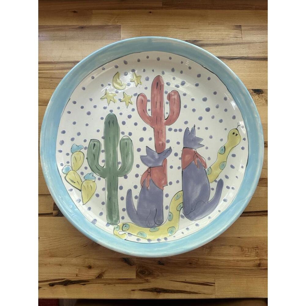 Large Serving Plate Hand Painted Wolf Catus Moon Plate Signed By Artist White 92